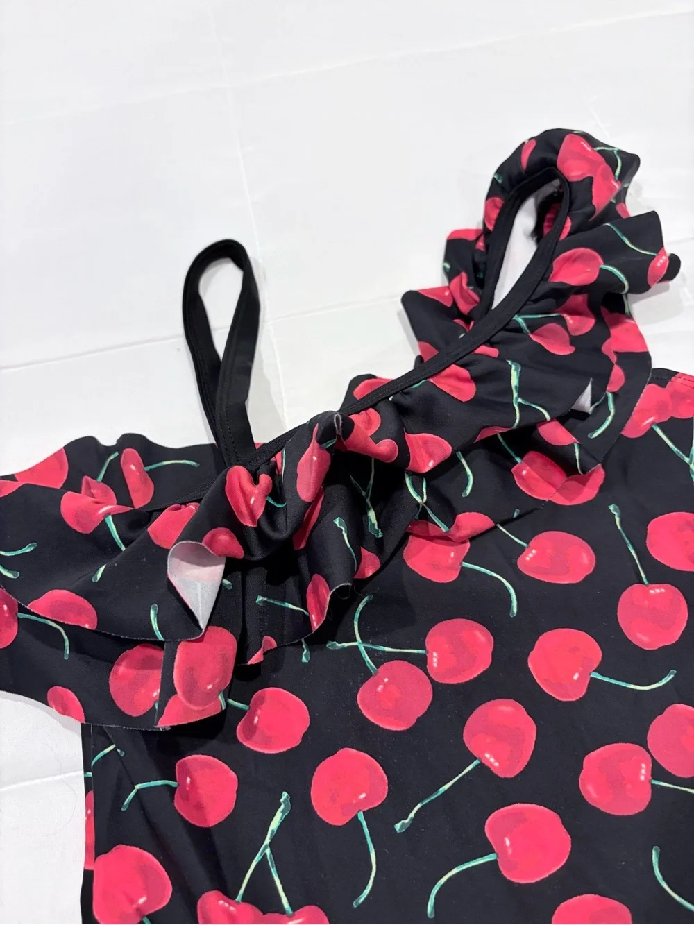 Kanu Surf Girls One-Shoulder Cherry Print Swimsuit - Black & Red